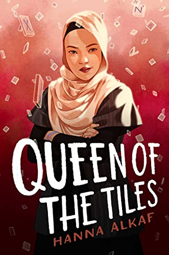 A young woman in a hijab stands before a red background with falling letter tiles.