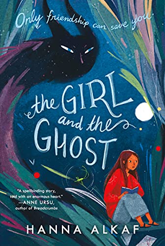 Book cover: girl reading, shadowed by a large, dark cat-like ghost.