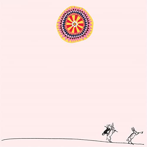 Pink background with a sun illustration and three running rabbits.
