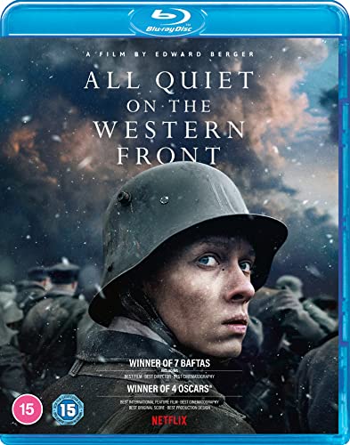 Blu-ray cover for "All Quiet on the Western Front" featuring a soldier.