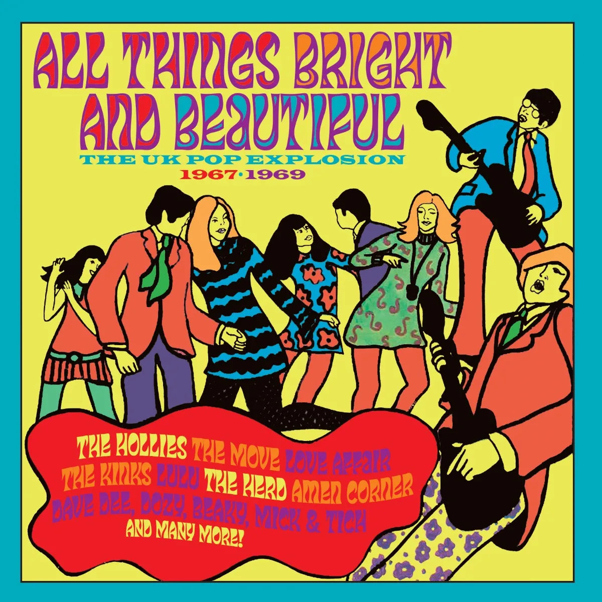 Psychedelic-style album cover with colorful illustrations of 1960s musicians and dancers on yellow background.