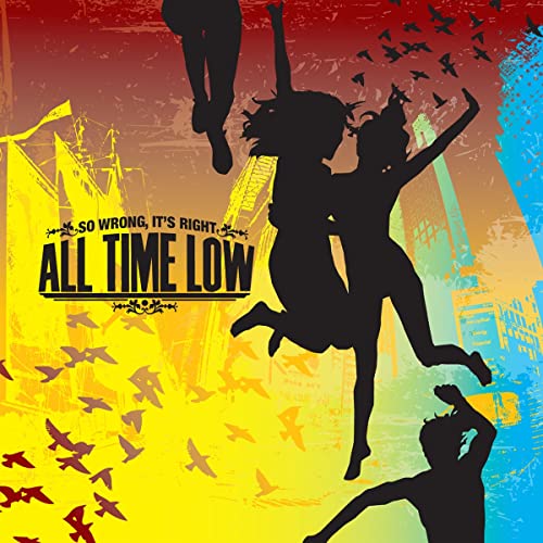 Silhouettes of people jumping against a colorful background with birds and album text.