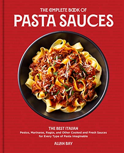 Red book cover featuring pasta with red sauce in a black bowl.