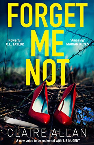 Book cover: red high heels in foliage, dark and moody background.
