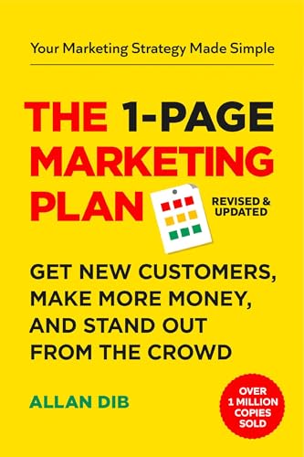 Yellow book cover with red text: "The 1-Page Marketing Plan" by Allan Dib.