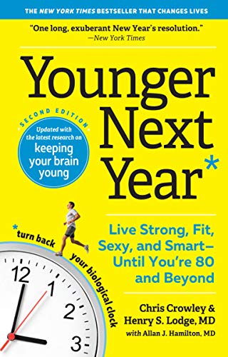 Yellow book cover, “Younger Next Year,” with a running man and clock image.