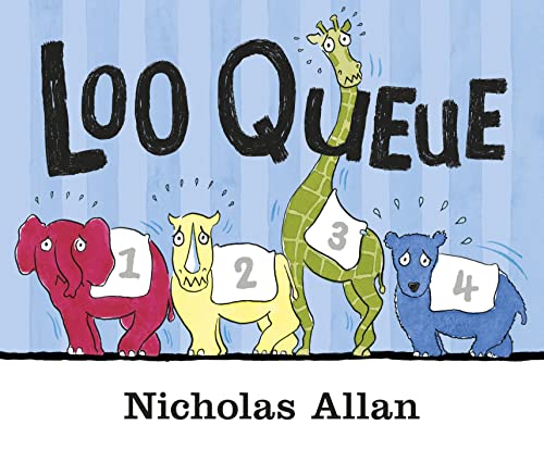 Book cover: animals in a numbered queue, titled “Loo Queue”.