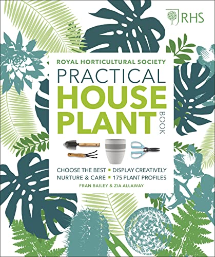 Book cover with green tropical leaves and gardening tools illustration.