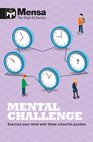 Mensa Mental Challenge book cover with clocks, people, and purple background.