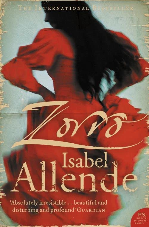 Book cover for Zorro by Isabel Allende featuring a woman in a red dress.
