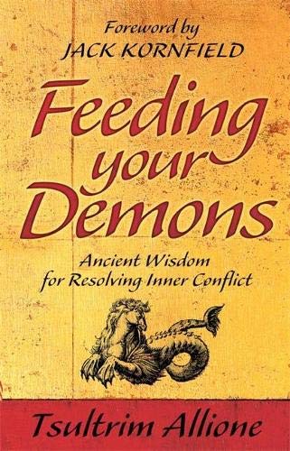 Book cover for Feeding Your Demons with a mythical creature illustration on yellow background.