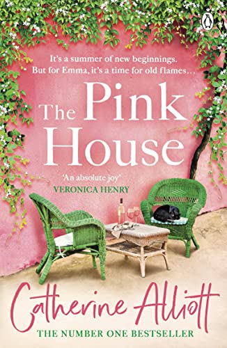 Book cover: pink wall, wicker chairs, and a black cat in sunlight.