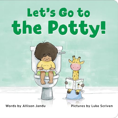 Child on toilet reading, with giraffe companion, book cover illustration.