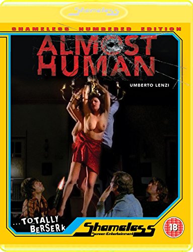 Almost Human" DVD cover: a distressed woman held aloft, cracked glass effect.
