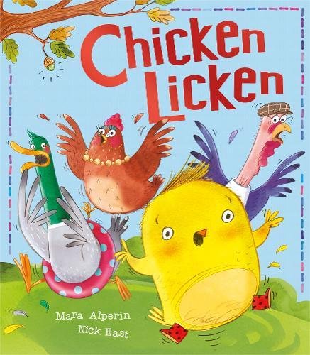 Book cover illustration featuring Chicken Licken and other panicked birds on a blue background.