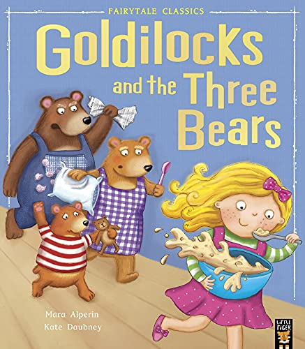 Goldilocks runs with a bowl of porridge while three surprised bears look on.
