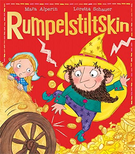 Book cover illustration showing Rumpelstiltskin dancing near a pile of gold and a girl.