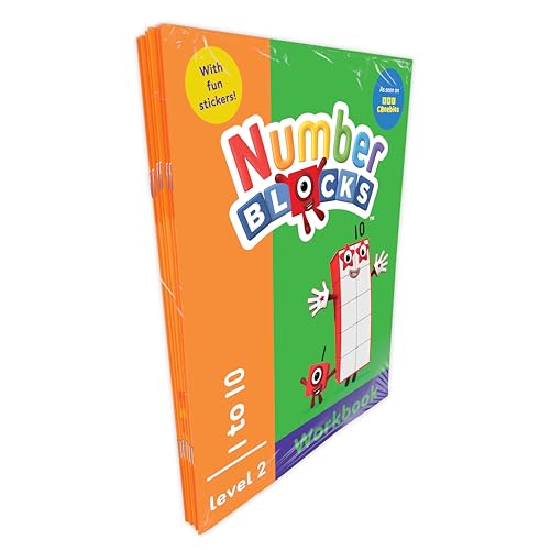Six orange workbooks wrapped in plastic with Numberblocks characters on the cover.