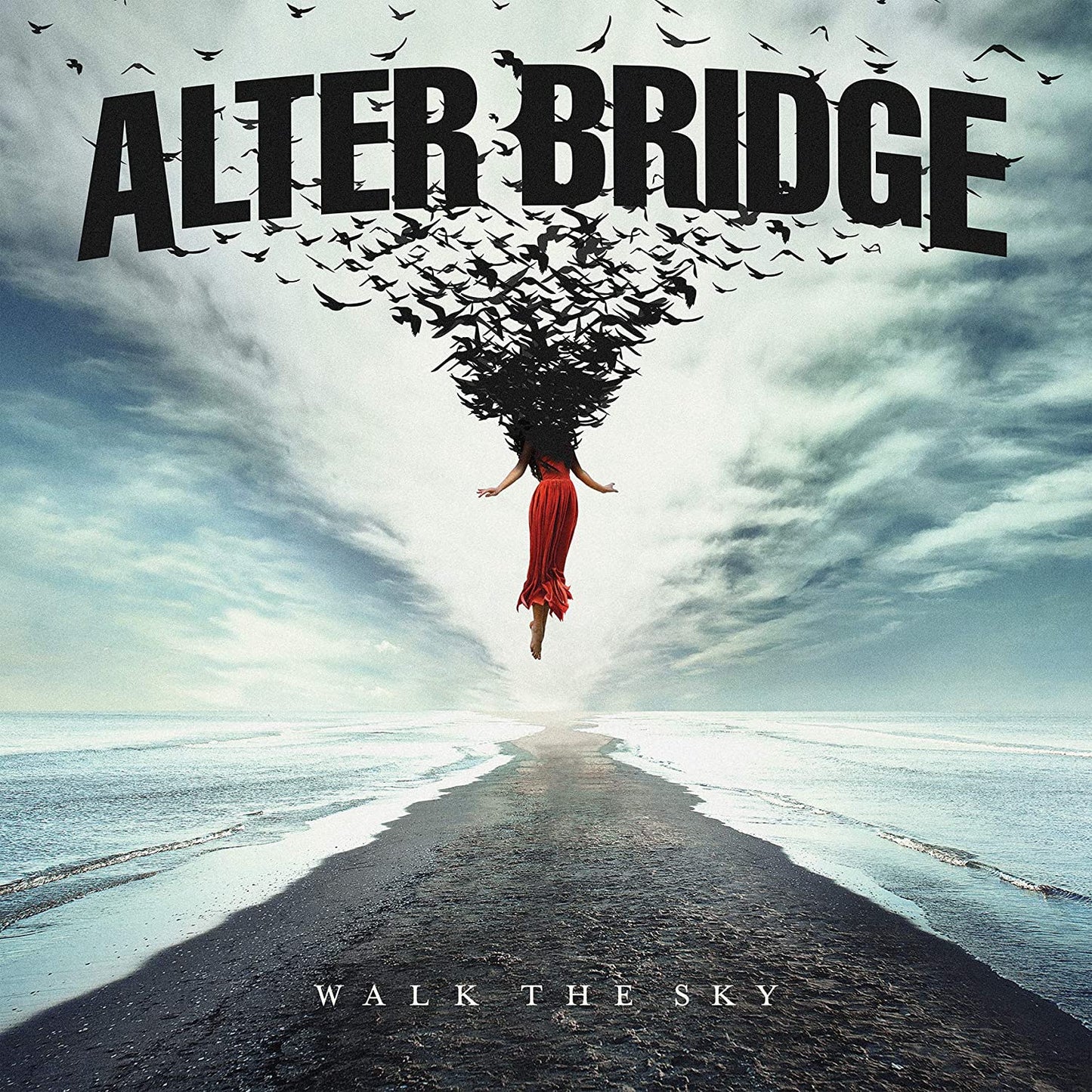 "Album cover: woman floating on a beach path with birds flying from her head."