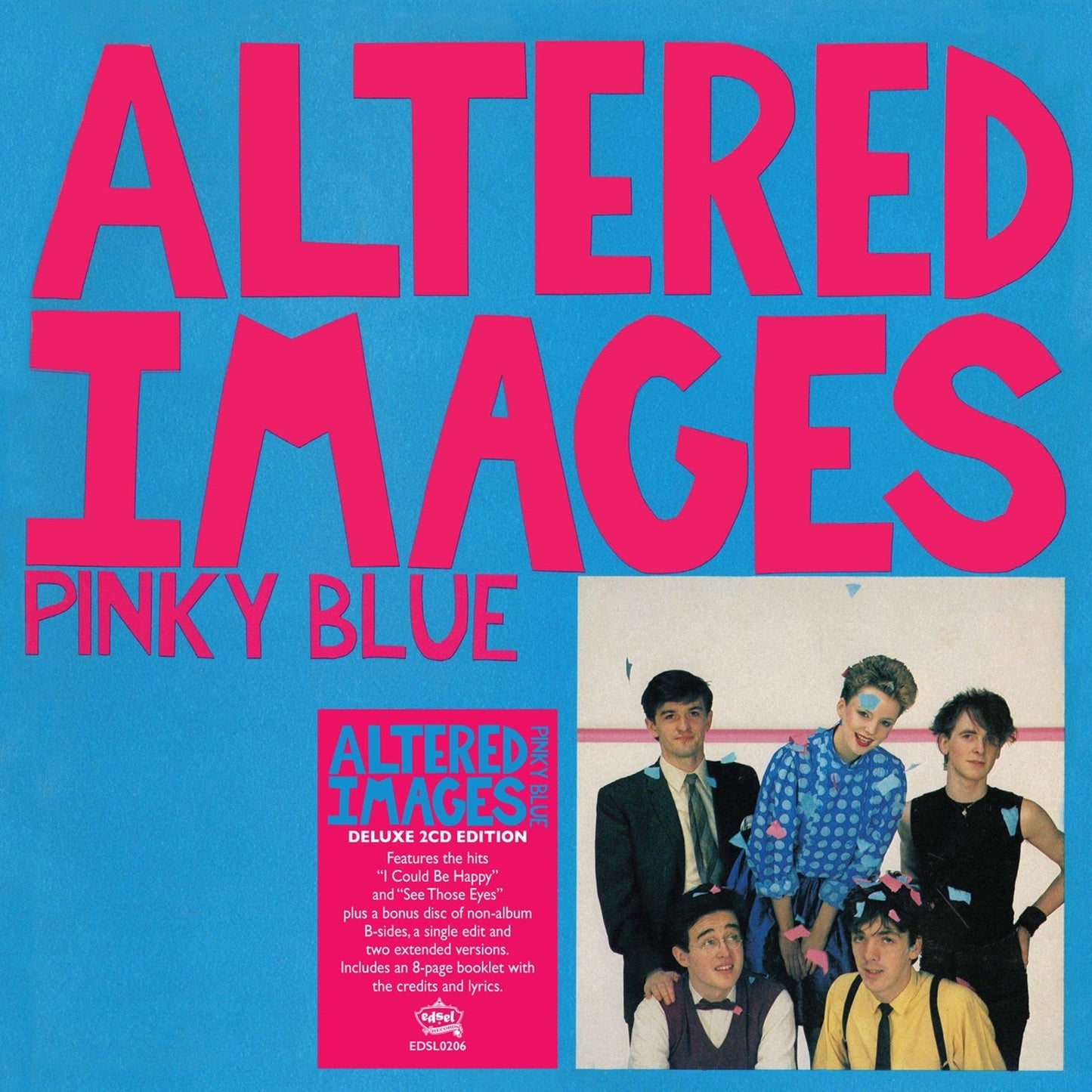 Album cover for Altered Images Pinky Blue featuring the band and pink text.