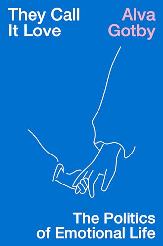 Book cover with blue background, white line art of hands holding, and white text.