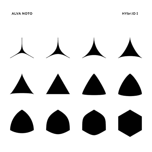 Album cover for Alva Noto - Hybrid, featuring black geometric shapes on white.