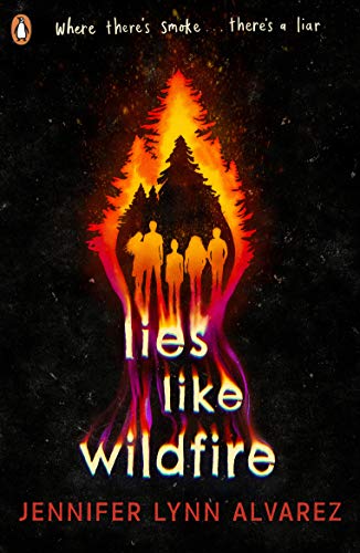 Book cover showing silhouettes of five people inside a flaming pine tree forest.