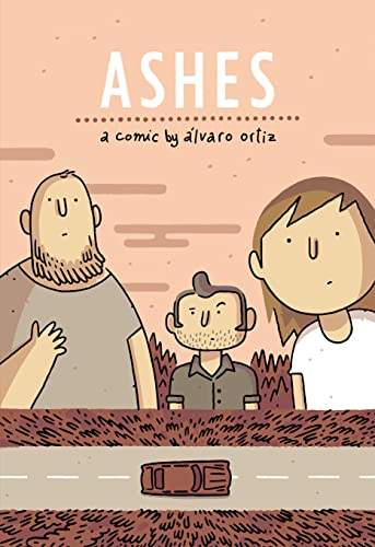 Book cover: "Ashes" depicts three cartoon figures and a road.