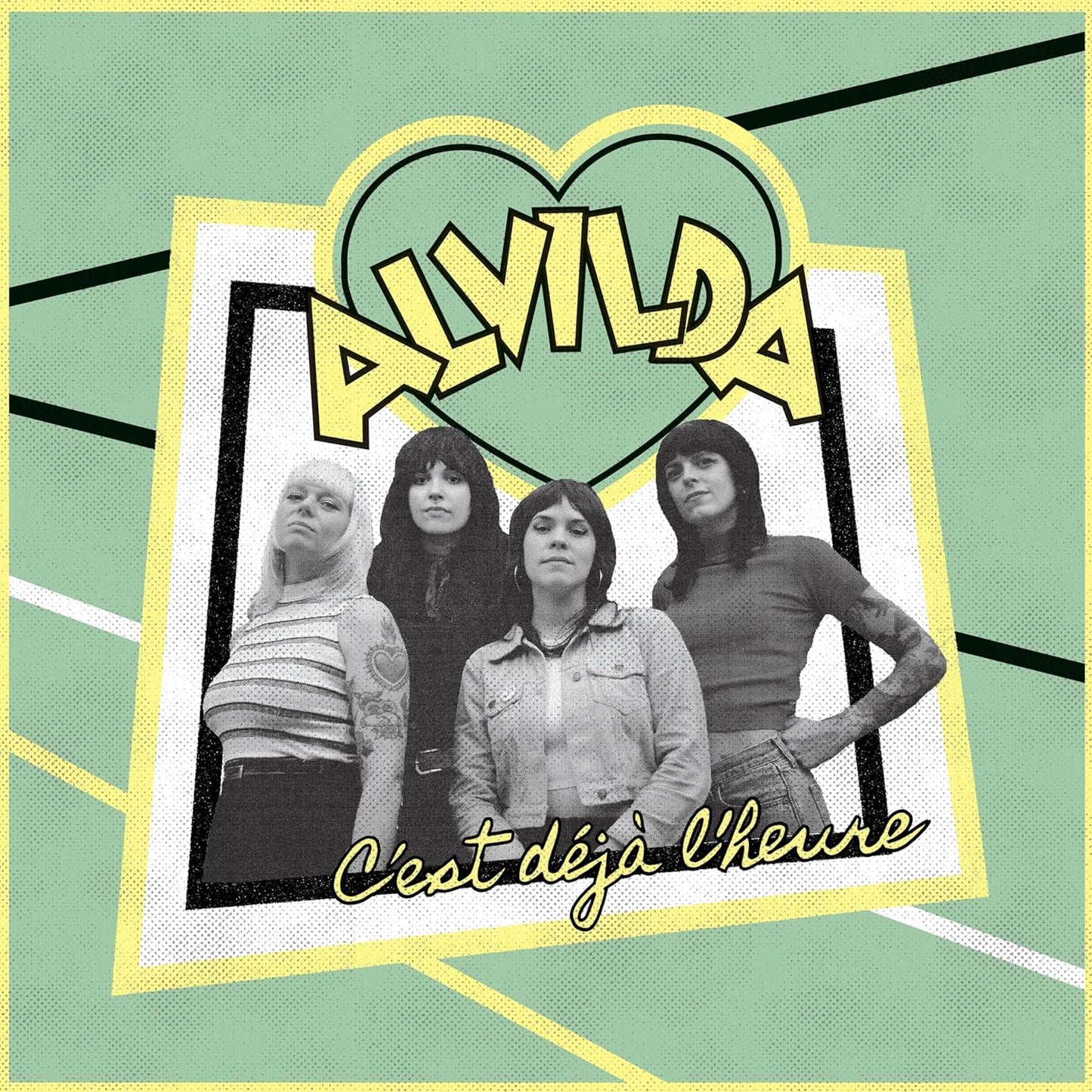 Black and white photo of a four-person band, "Alvilda," with yellow accents.