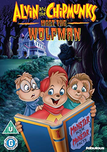 "Alvin and the Chipmunks Meet the Wolfman DVD cover featuring cartoon chipmunks reading a monster book."