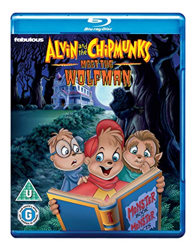 Alvin and the Chipmunks reading a monster book with a wolfman in the background.