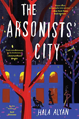 Book cover featuring a large red tree, a blue building, and three silhouetted figures.