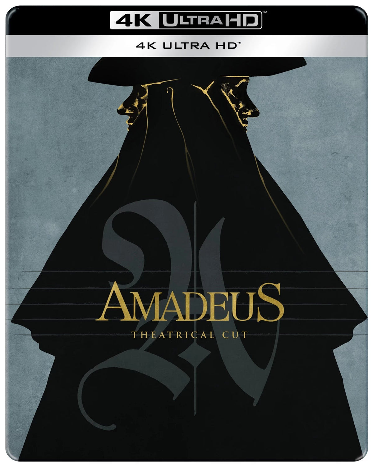 Amadeus" 4K Ultra HD Blu-ray cover with silhouetted figures and gold text.