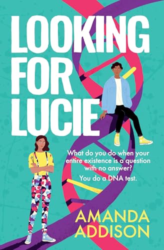 Book cover: "Looking for Lucie" with two young people and DNA helix.