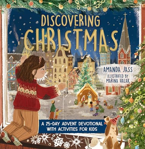 Illustrated book cover depicting a girl decorating a Christmas scene.