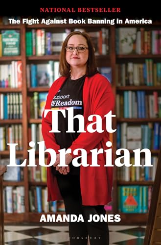 Book cover featuring librarian Amanda Jones in front of bookshelves.