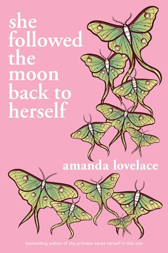 Book cover with pink background, white text, and several green moths.