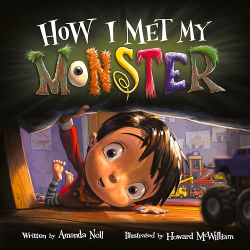 Boy peeking from under a bed at colorful, whimsical monster letters.