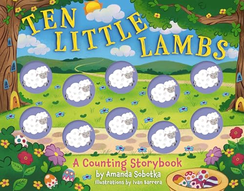 Cover of "Ten Little Lambs" children’s book with lambs and flowers.
