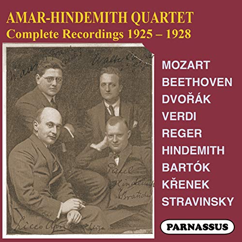 Vintage photo of four musicians, album cover for Amar-Hindemith Quartet recordings.