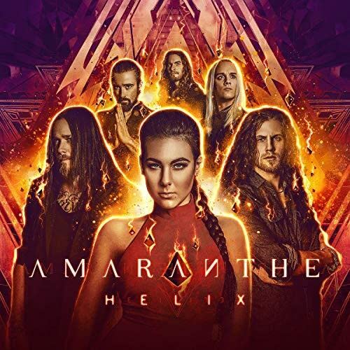 Amaranthe band album cover, “HELIX,” featuring five members in fiery tones.