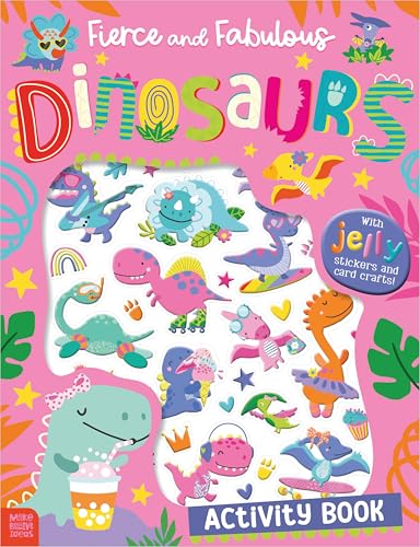 Colorful dinosaur activity book with stickers, featuring cute, cartoon-style illustrations.