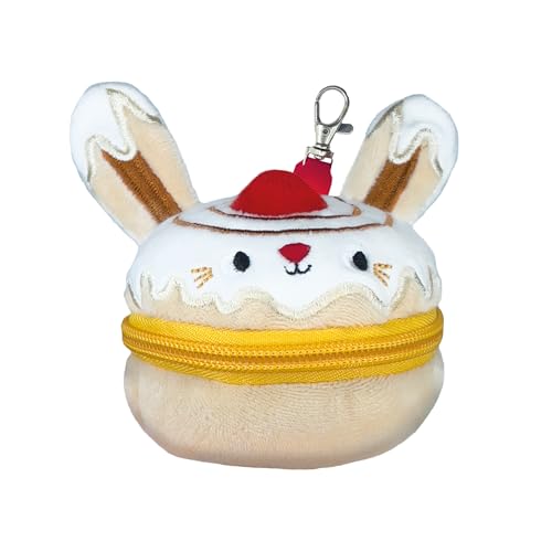 Plush bunny shaped like a cinnamon bun with a red hat and clip.