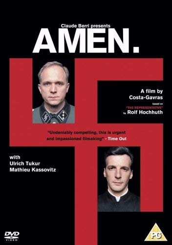 DVD cover for “Amen” featuring two men, one in a Nazi uniform.