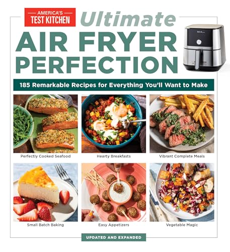 Cookbook cover featuring air fryer recipes and a stainless steel appliance.