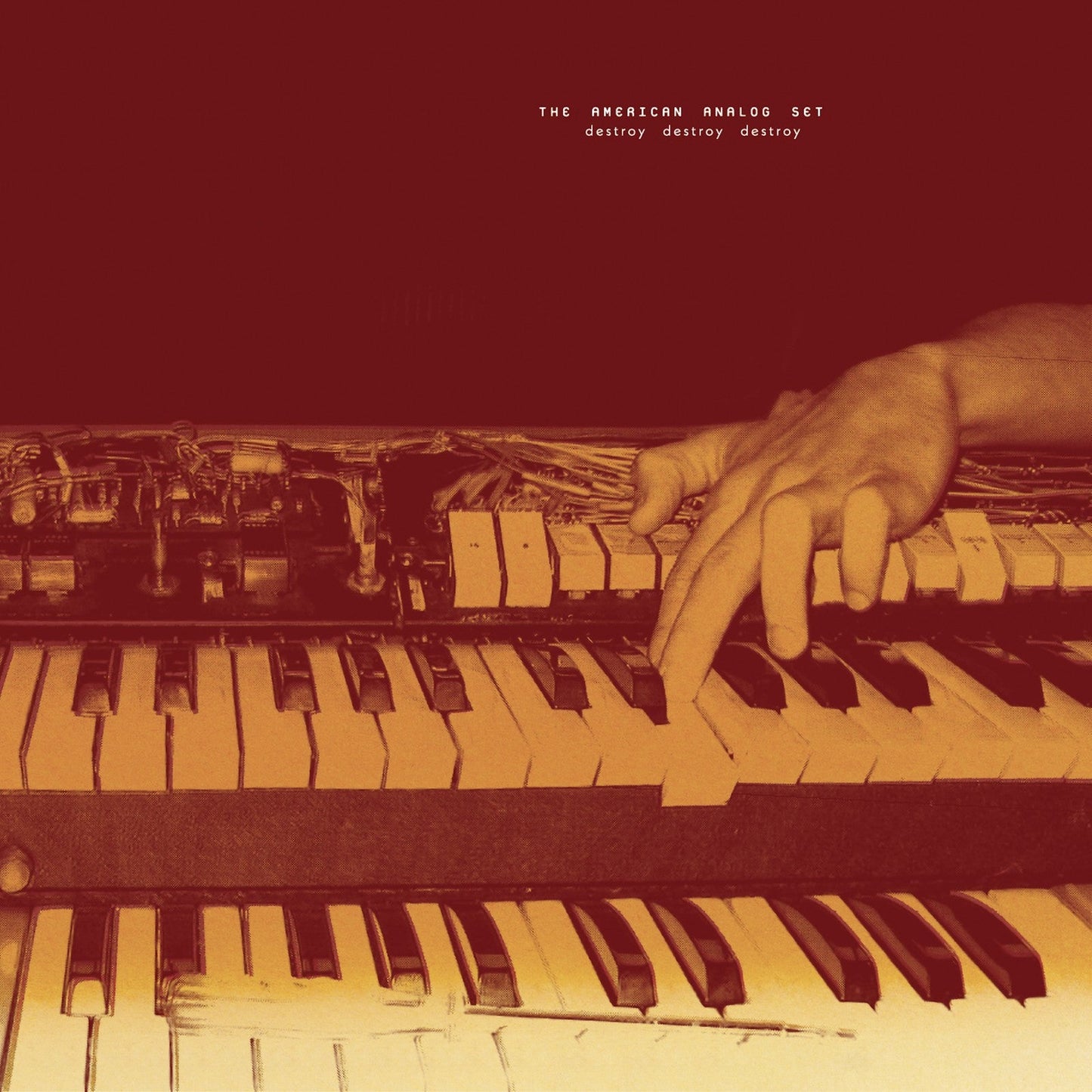 Hand playing a vintage keyboard with text: "The American Analog Set".