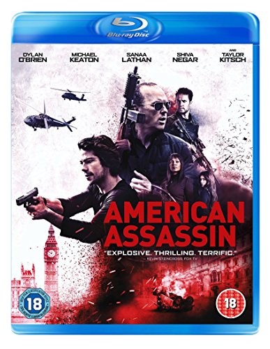 American Assassin" Blu-ray cover featuring actors, guns, and a city skyline.