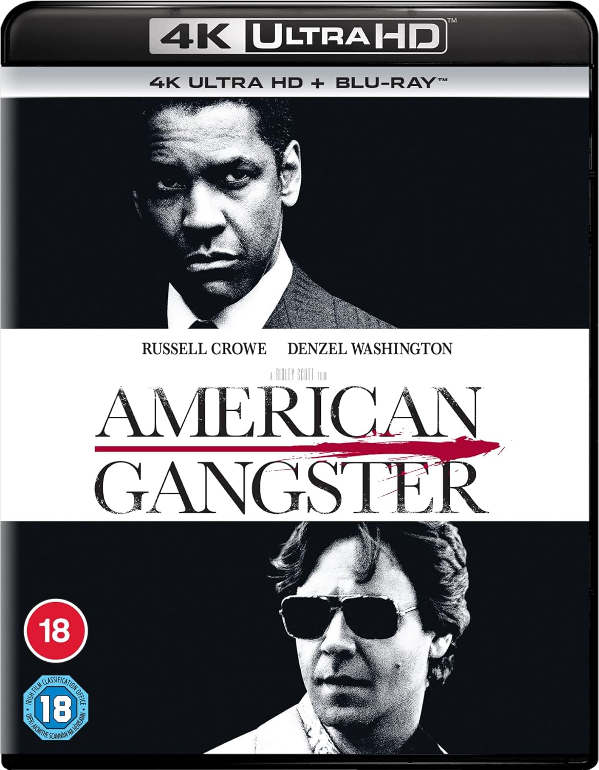“American Gangster” 4K UHD Blu-ray cover featuring Russell Crowe and Denzel Washington.