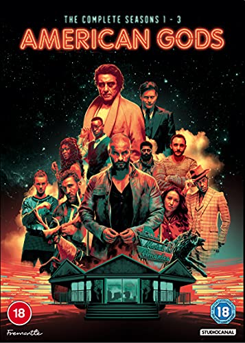 “American Gods” seasons 1-3 DVD cover featuring a group of diverse characters.