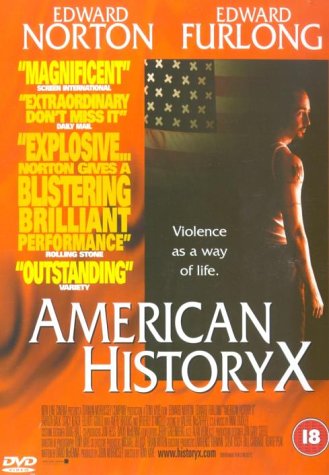 American History X" DVD cover with actors Edward Norton and Edward Furlong.